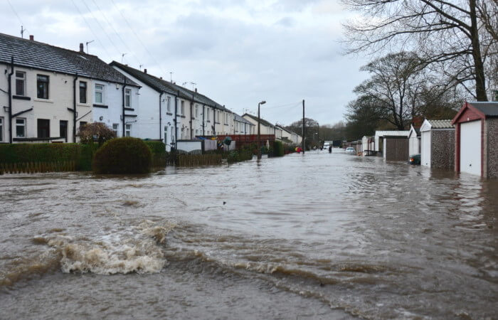 Flood damaged houses on street