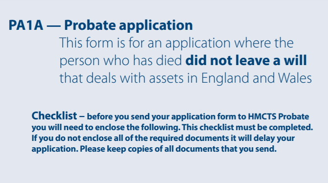 Probate application form PA1A