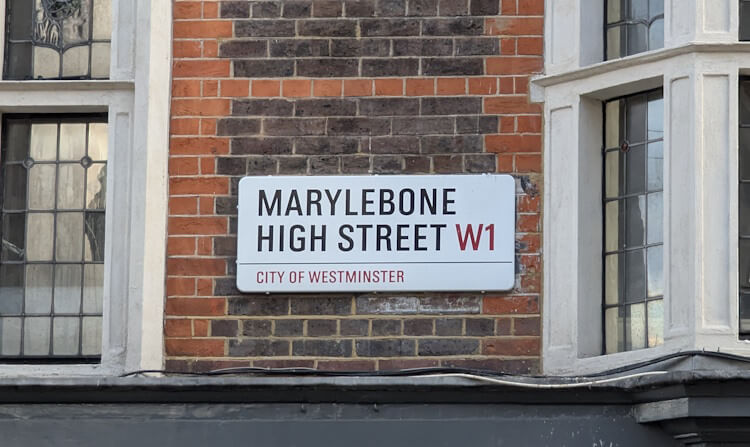 Street sign in Marylebone where flats are being sold Sell flats on Marylebone High Street